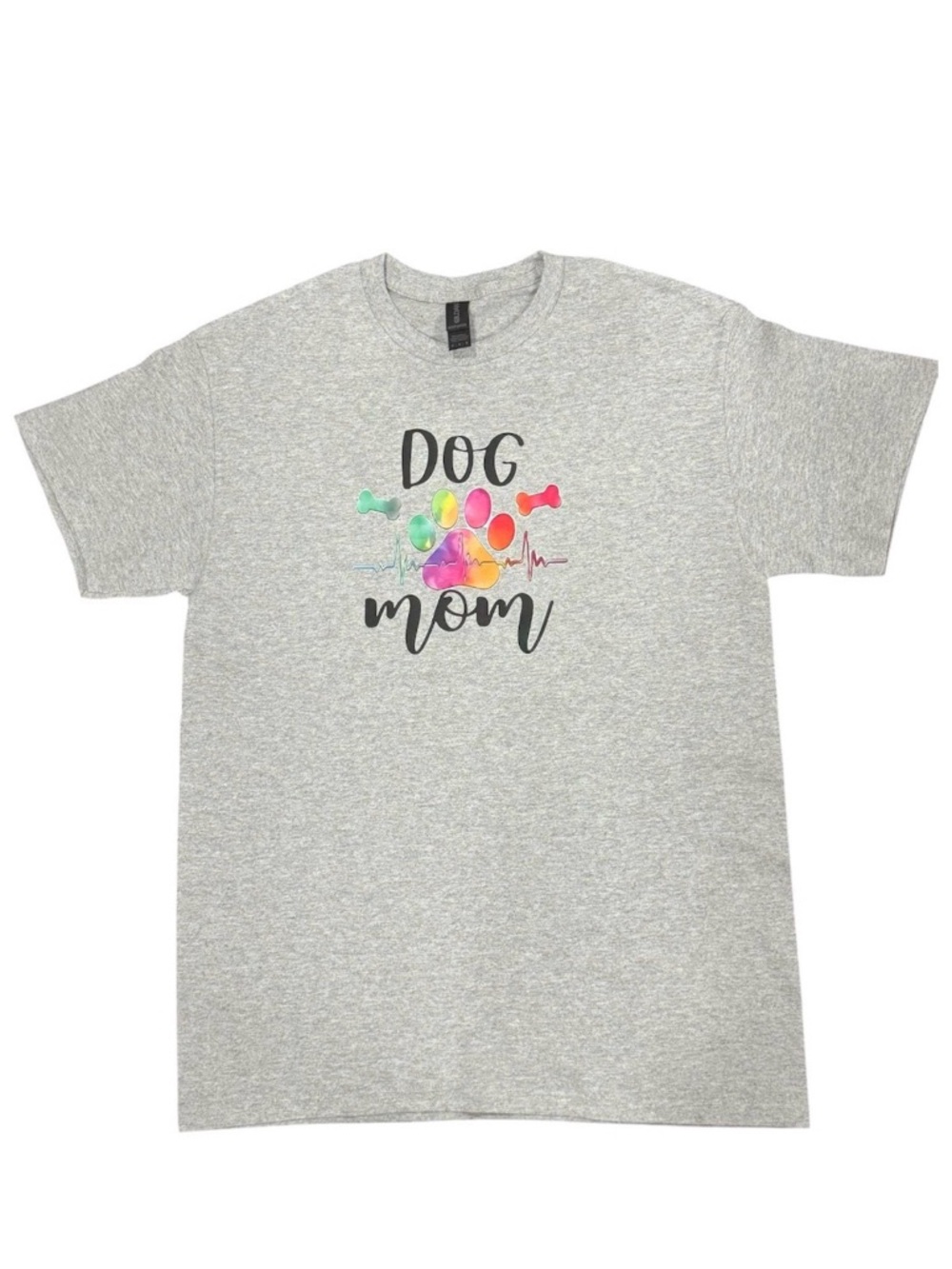 Dog Mom Tee with Rainbow Paw Graphic - Gray
